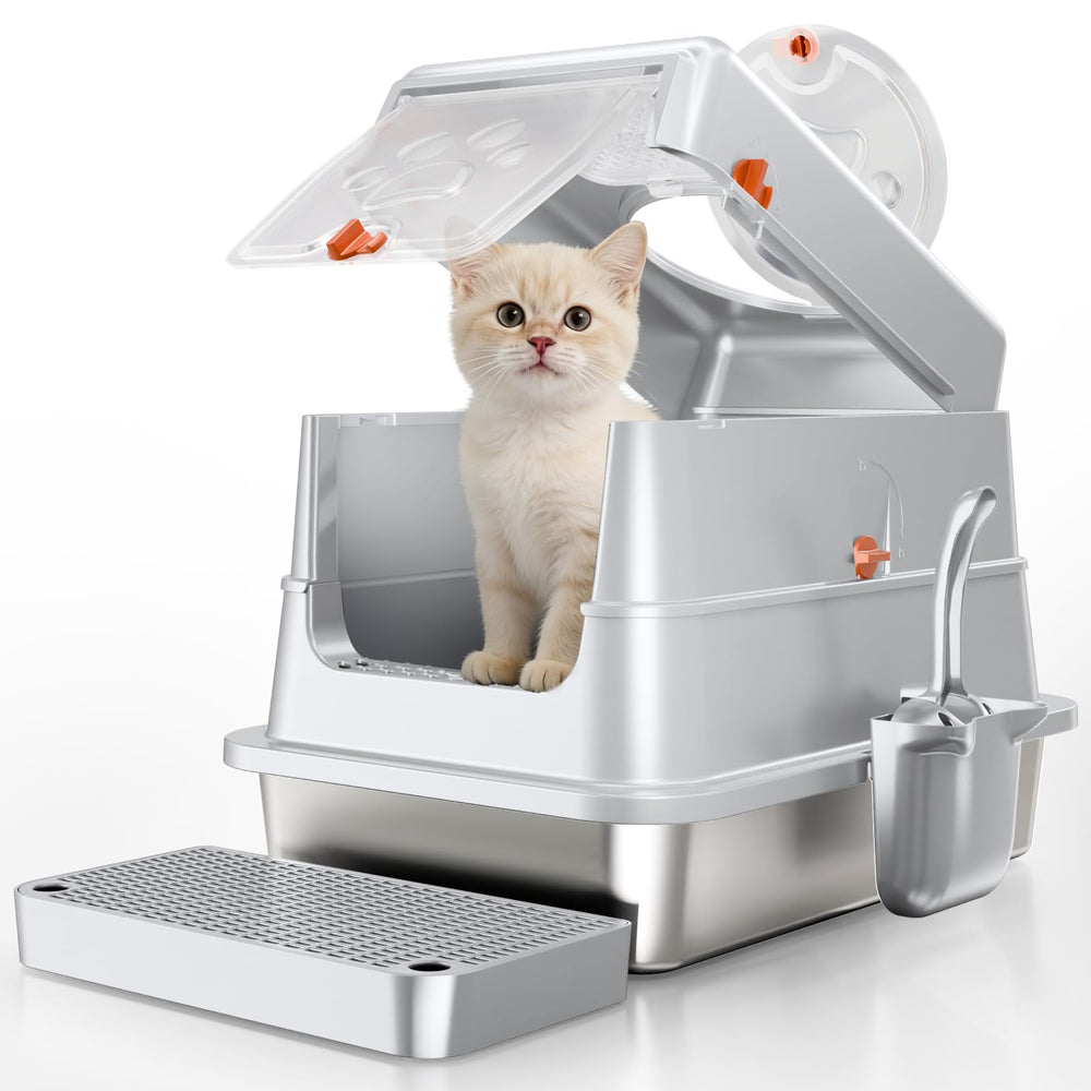 Fusblom stainless steel litter box with lid shows flip-top for easy cleaning