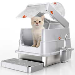 Fusblom stainless steel litter box with lid shows flip-top for easy cleaning