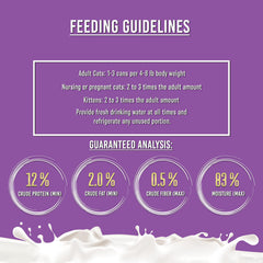 Fussie Cat cans show fortified vitamins and minerals for daily nutrition.