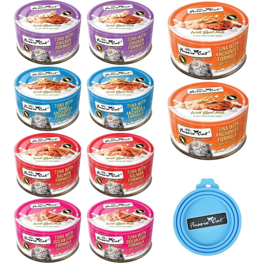 Fussie Cat goat milk gravy can close-up with premium protein