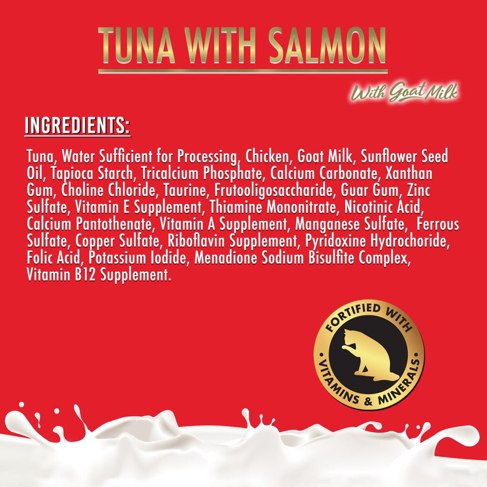 Fussie Cat cat eating tuna and salmon in goat milk gravy