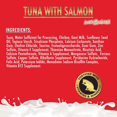 Fussie Cat cat eating tuna and salmon in goat milk gravy
