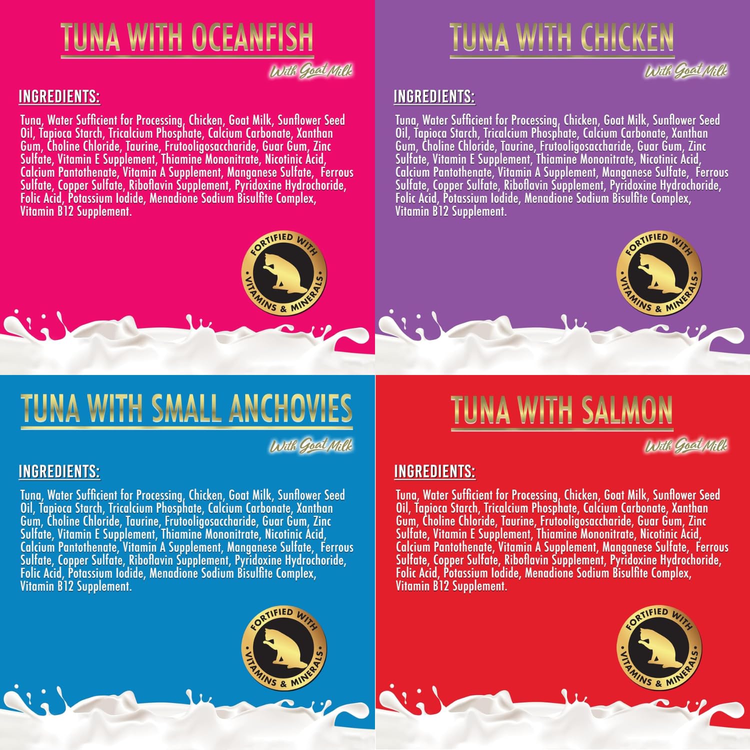 Fussie Cat Goat Milk Gravy side packaging shows variety and 4 flavors to choose.