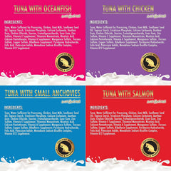 Fussie Cat Goat Milk Gravy side packaging shows variety and 4 flavors to choose.