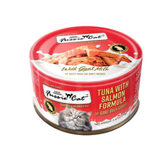 Fussie Cat goat milk gravy with tuna and salmon cans showcase premium texture for cats