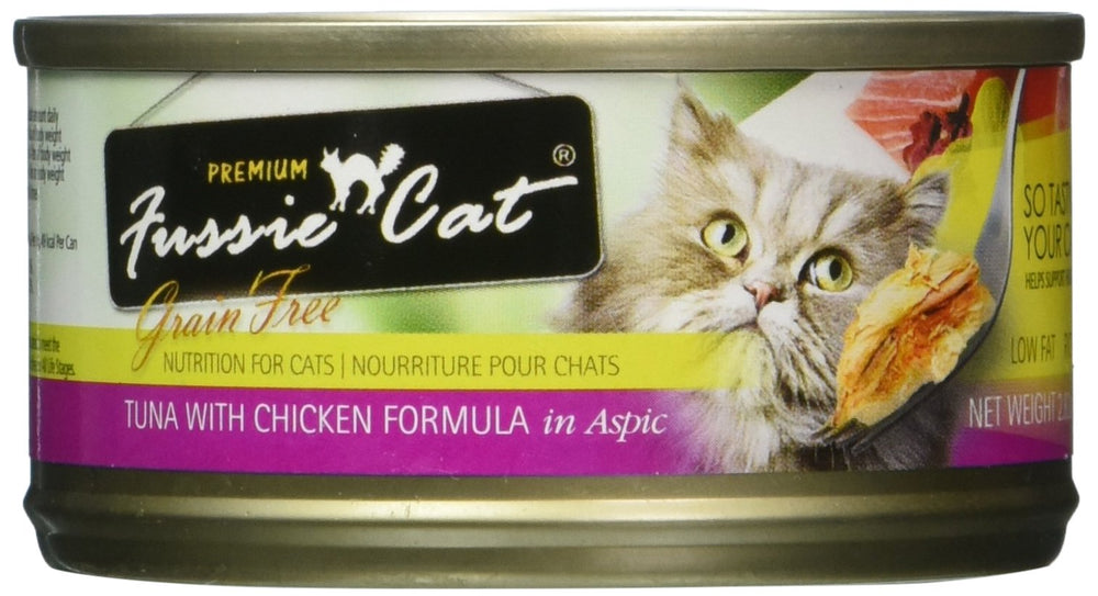 Fussie Cat grain-free tuna and chicken can for cats, protein-rich meal option