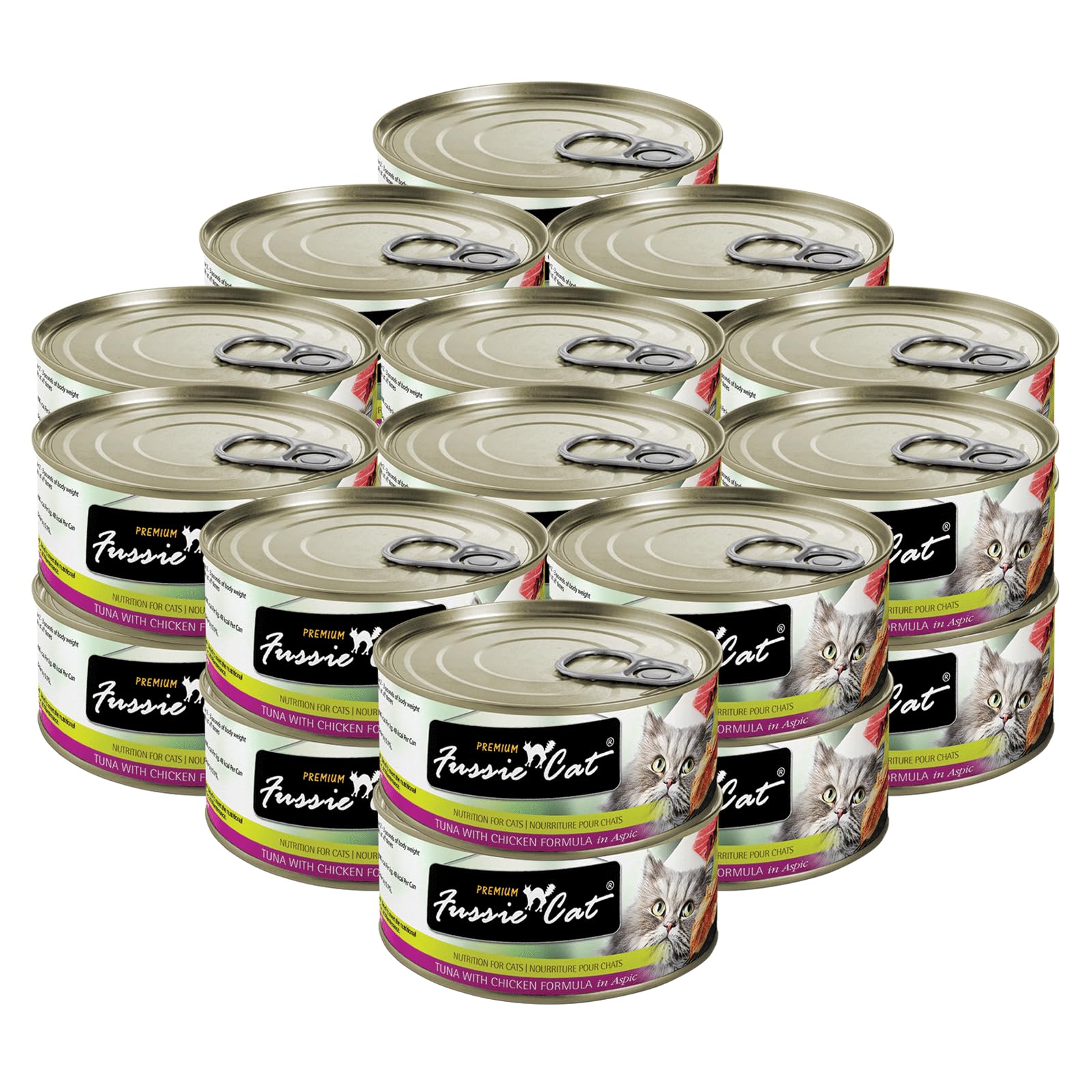 Fussie Cat ingredients label shows tuna first and DHA for coat health.