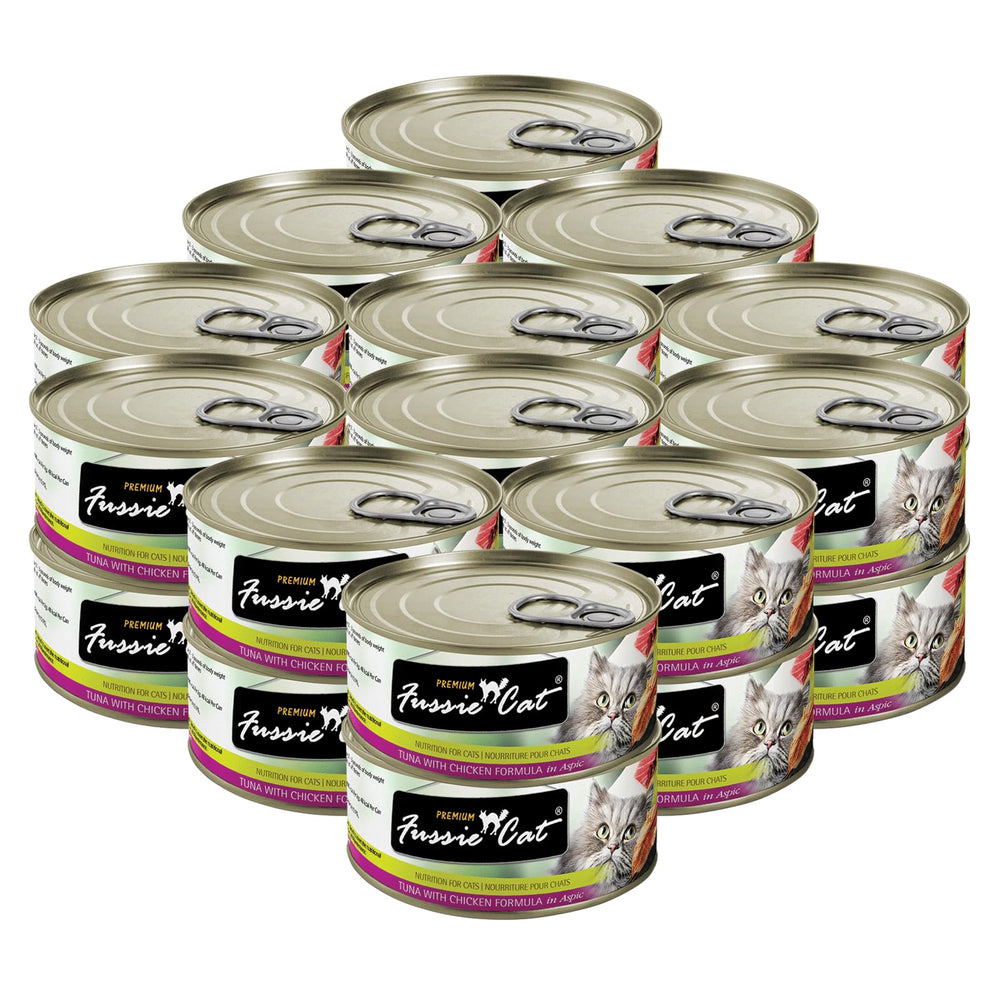 Fussie Cat ingredients label shows tuna first and DHA for coat health.
