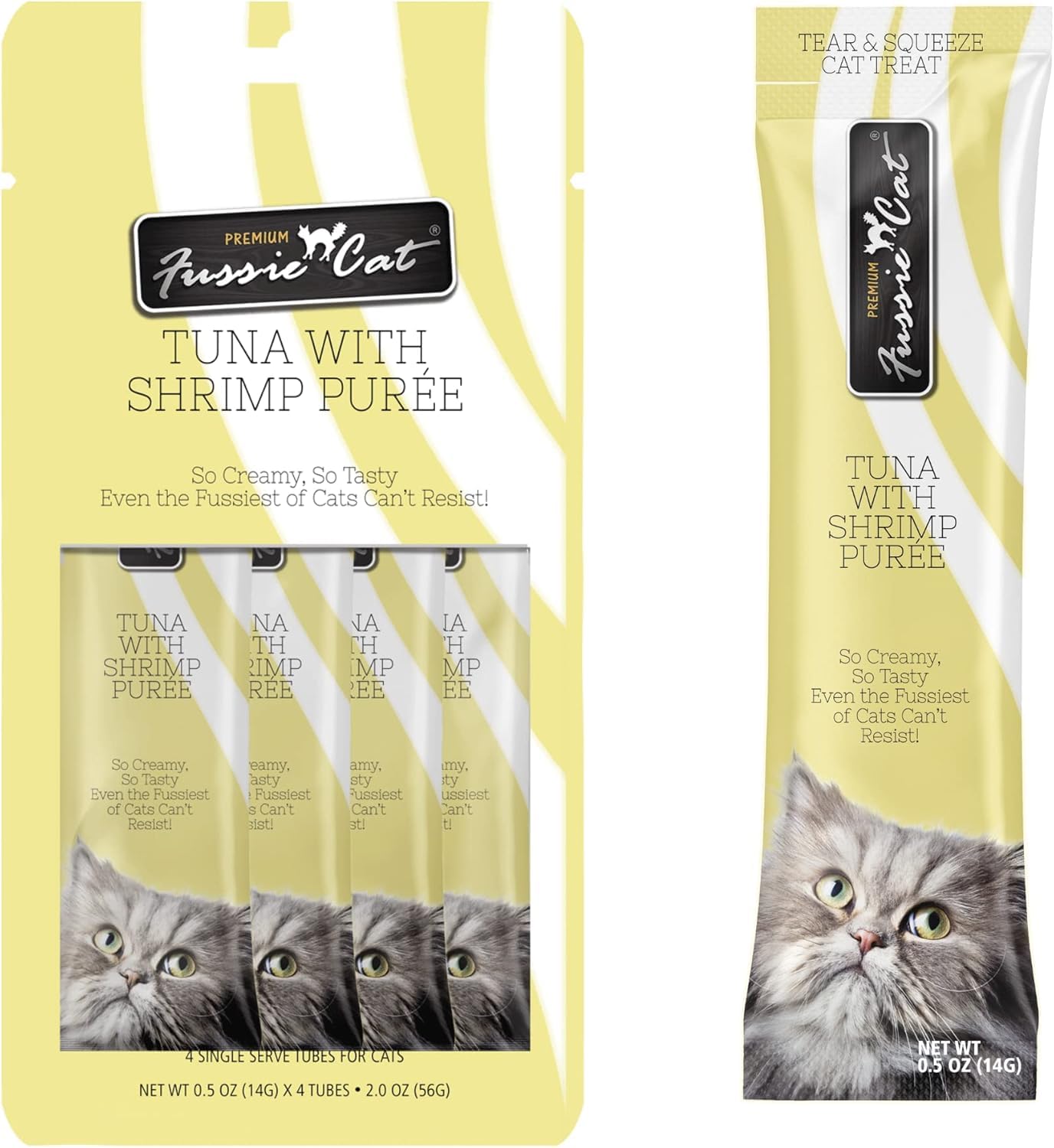 Fussie Cat lickable treat texture close-up, creamy tuna puree.