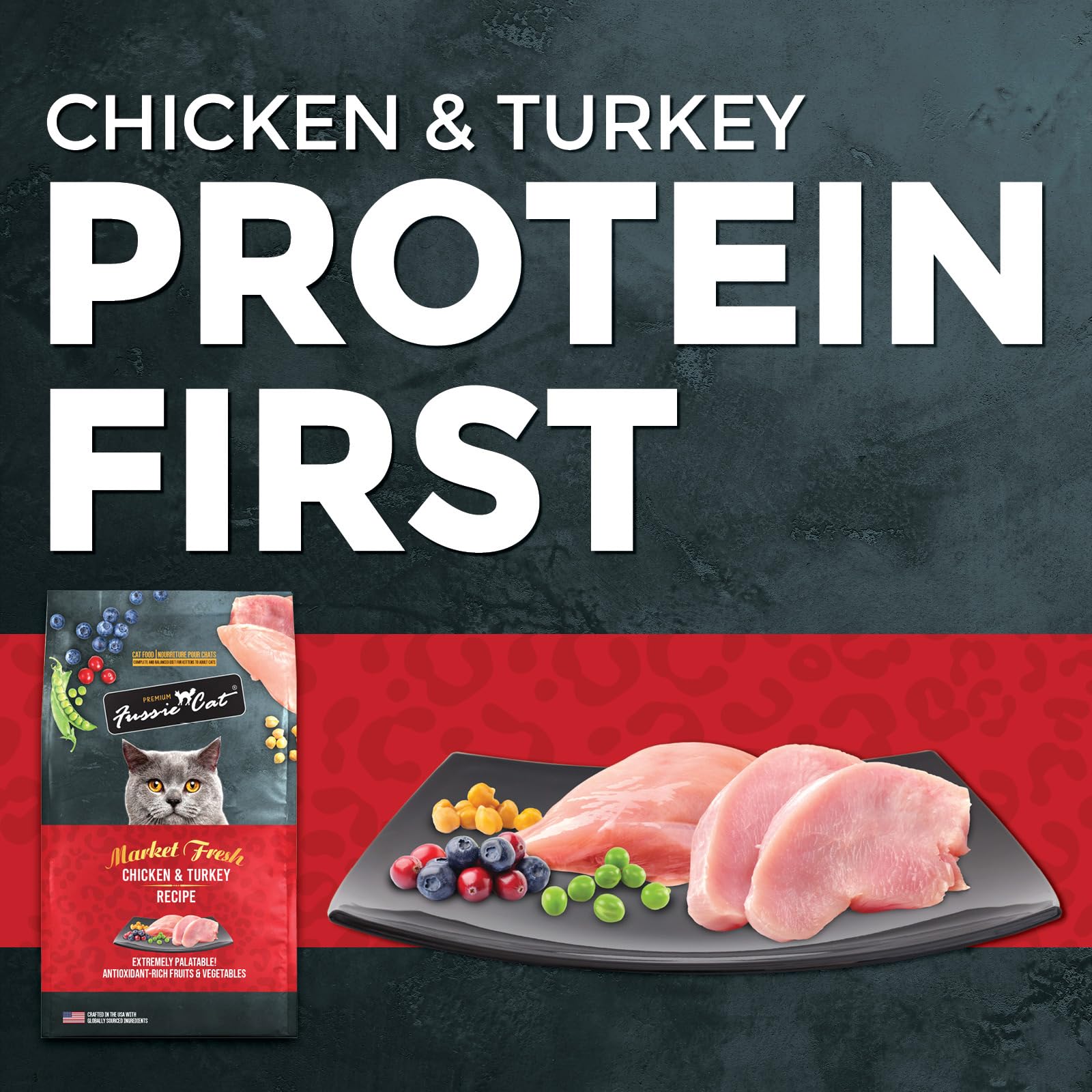 Fussie Cat Market Fresh ingredients-closeup emphasizing real meat pieces.