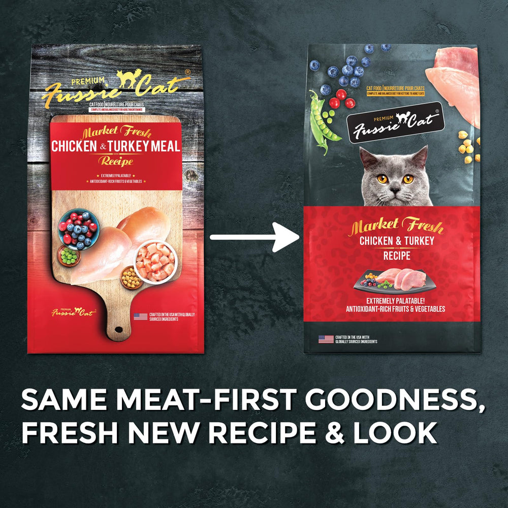 Fussie Cat Market Fresh chicken-turkey kibble in bowl highlighting palatable texture.