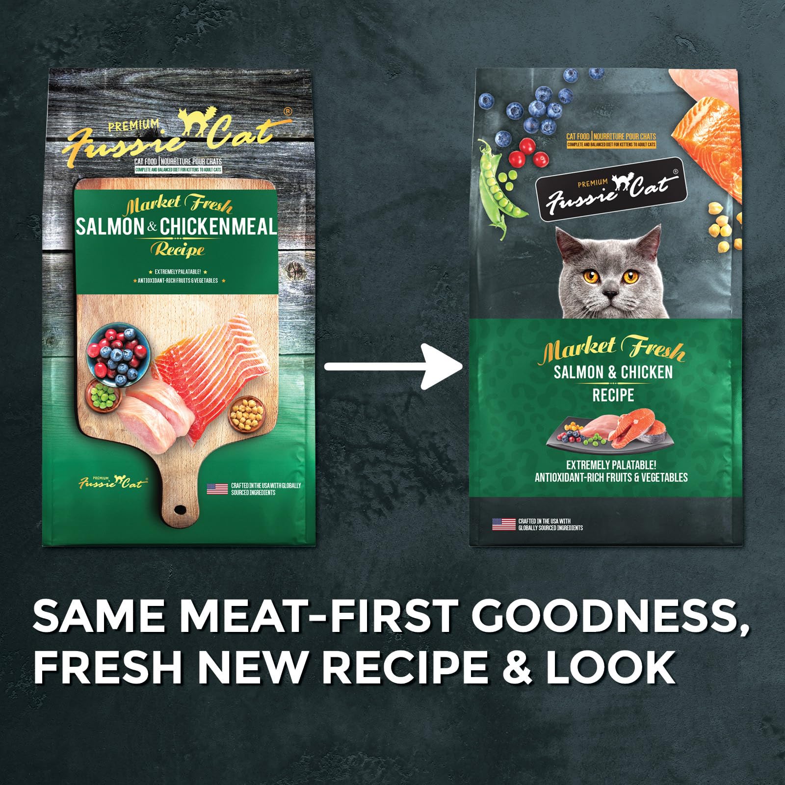 Fussie Cat Market Fresh close-up of real salmon and chicken kibble, premium nutrition option.