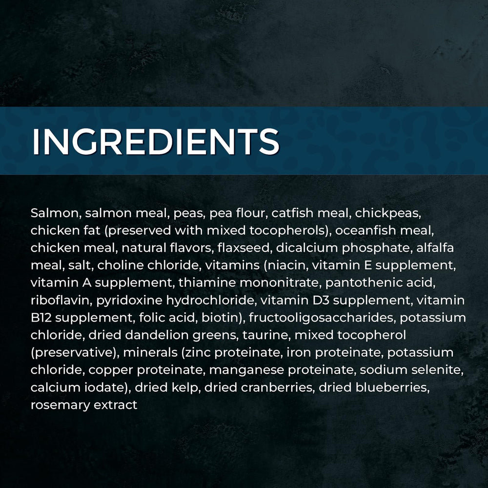 Fussie Cat Market Fresh Salmon Recipe packaging side emphasizes quality ingredients