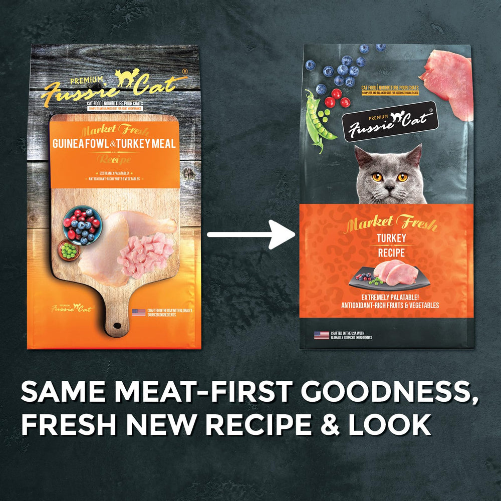 Close-up of Fussie Cat Market Fresh Turkey Recipe kibble texture for palatability