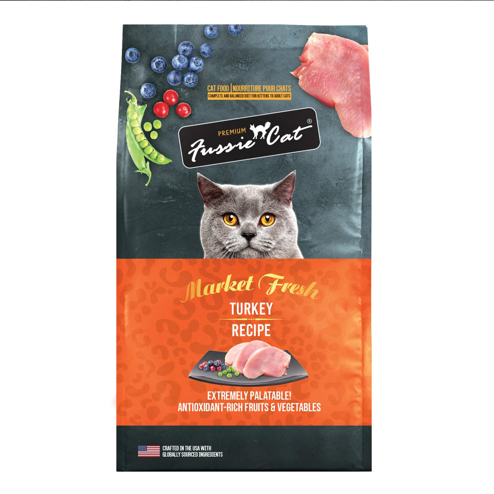 Fussie Cat Market Fresh Turkey Recipe kibble bag showing premium ingredients in a bowl