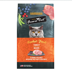 Fussie Cat Market Fresh Turkey Recipe kibble bag showing premium ingredients in a bowl