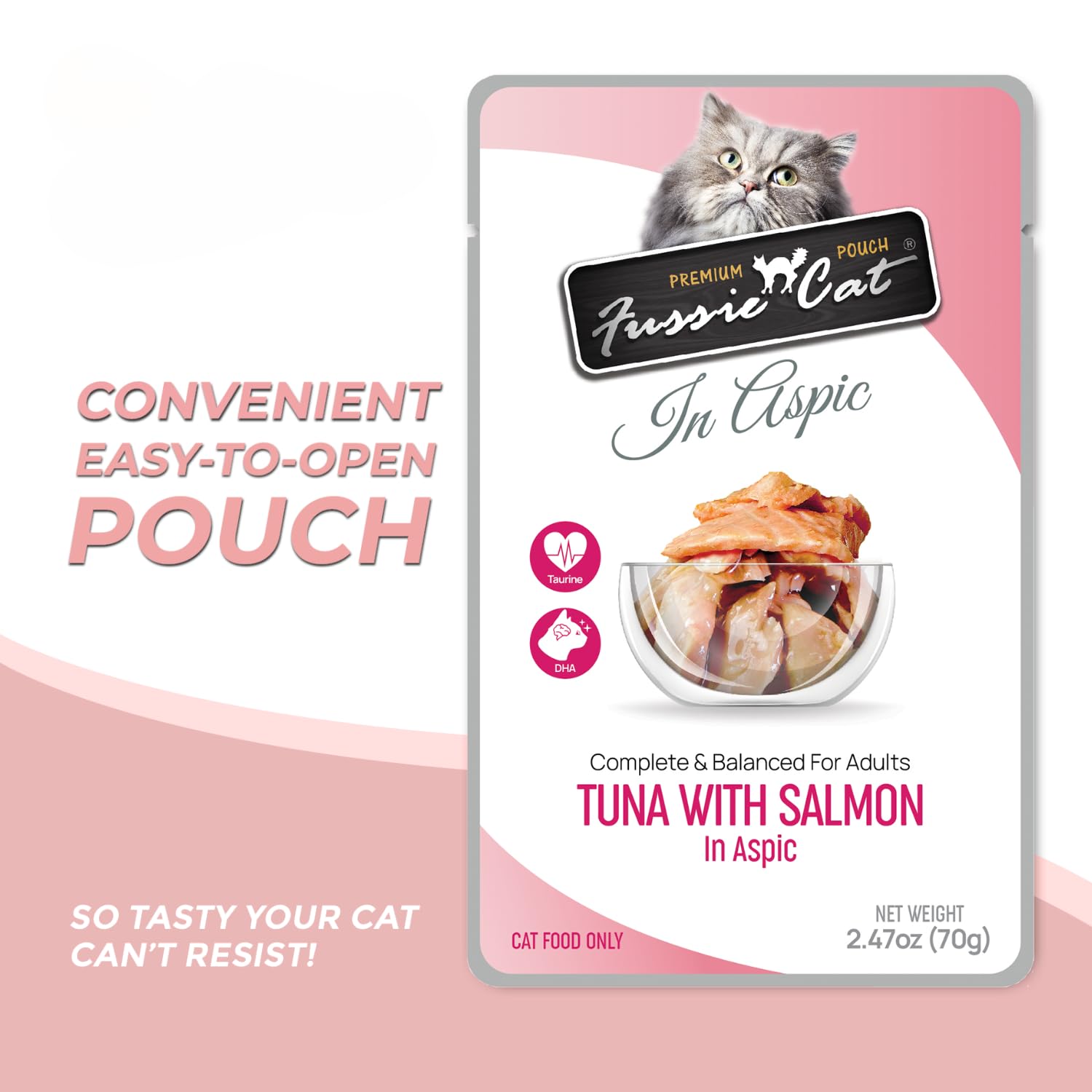 Fussie Cat complete nutrition and hydration in handy single-serve pouches.
