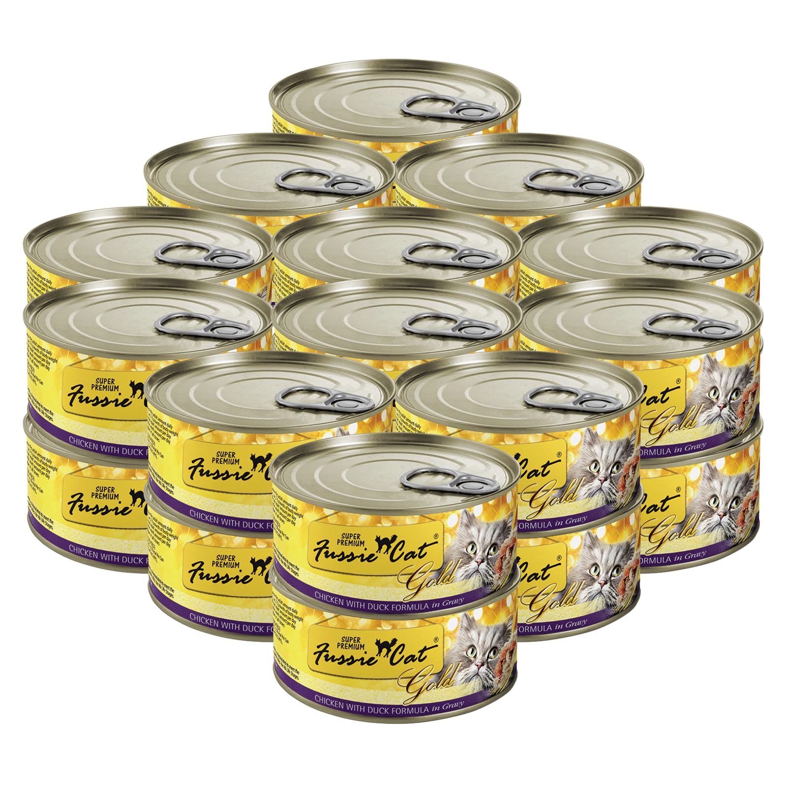 Fussie Cat packaging shows chicken and duck in gravy for a grain-free option.