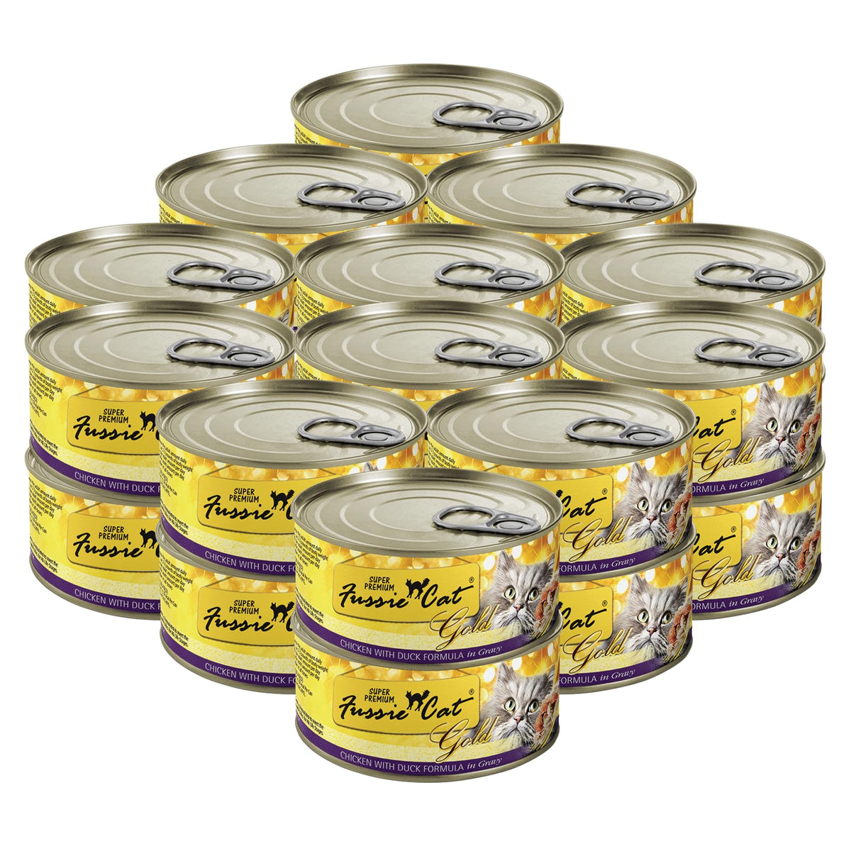 Fussie Cat packaging shows chicken and duck in gravy for a grain-free option.
