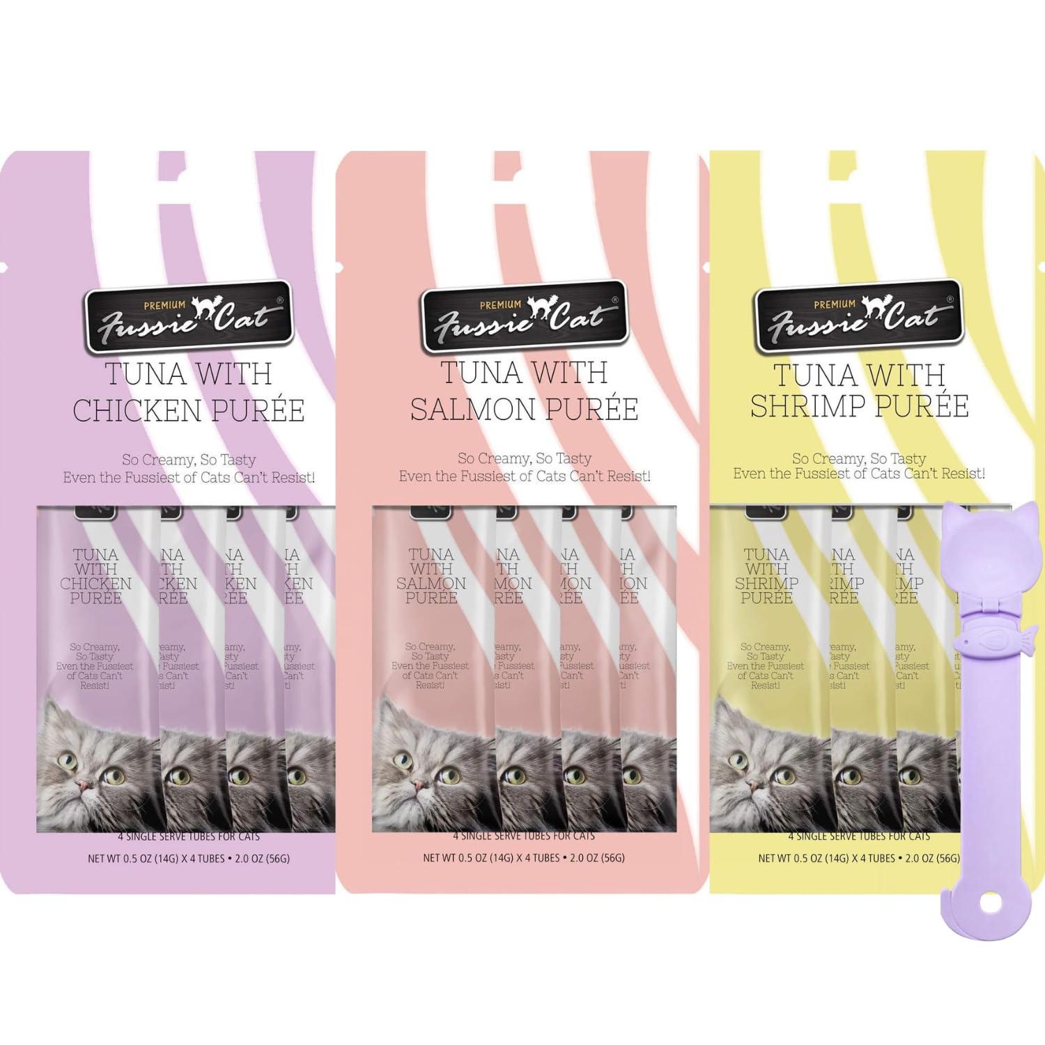Fussie Cat packaging with tuna puree treats, ready for easy serving and on-the-go snacking.