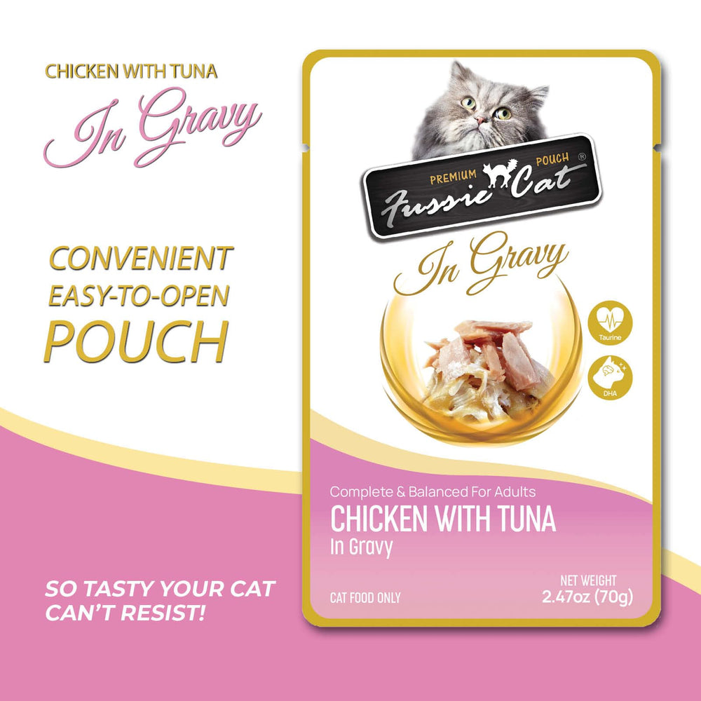 Fussie Cat Premium Chicken with Tuna in Gravy pouch closeup, showing tender morsels in gravy.