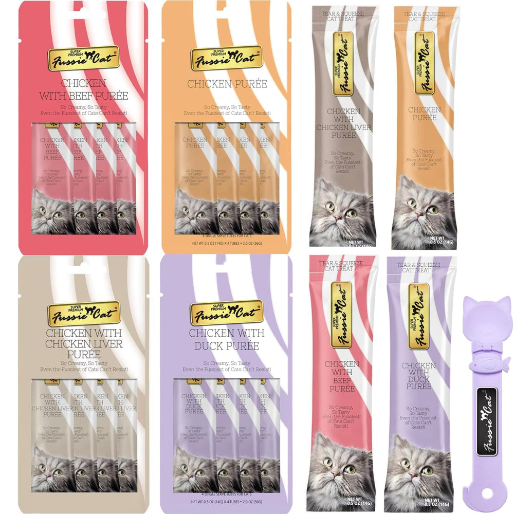 Fussie Cat Premium Puree tubes closeup showing real chicken flavor and easy lickable option.