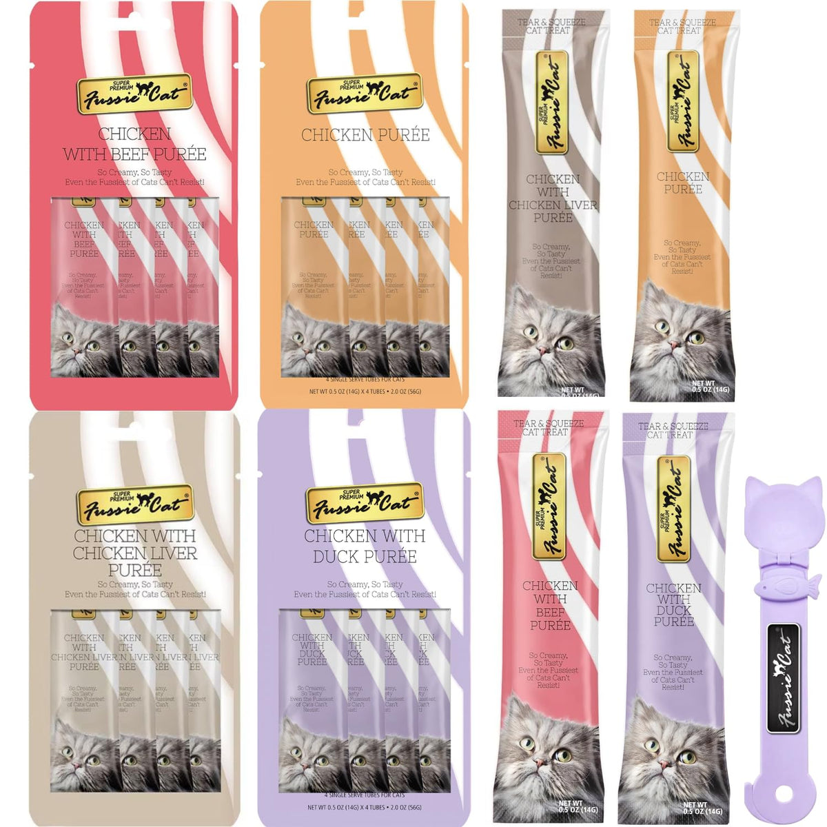 Fussie Cat Premium Puree tubes closeup showing real chicken flavor and easy lickable option.