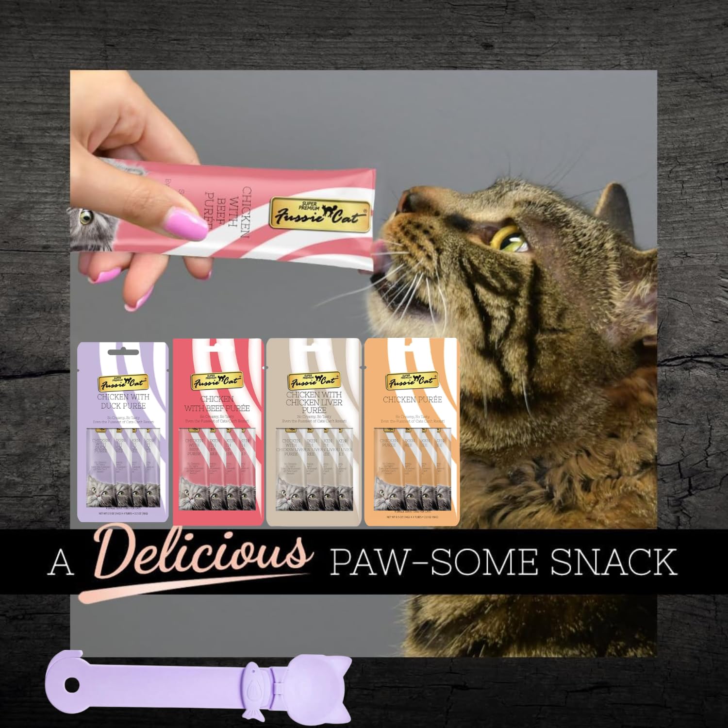 Spoon feeder included with Fussie Cat Premium Puree for tidy serving.