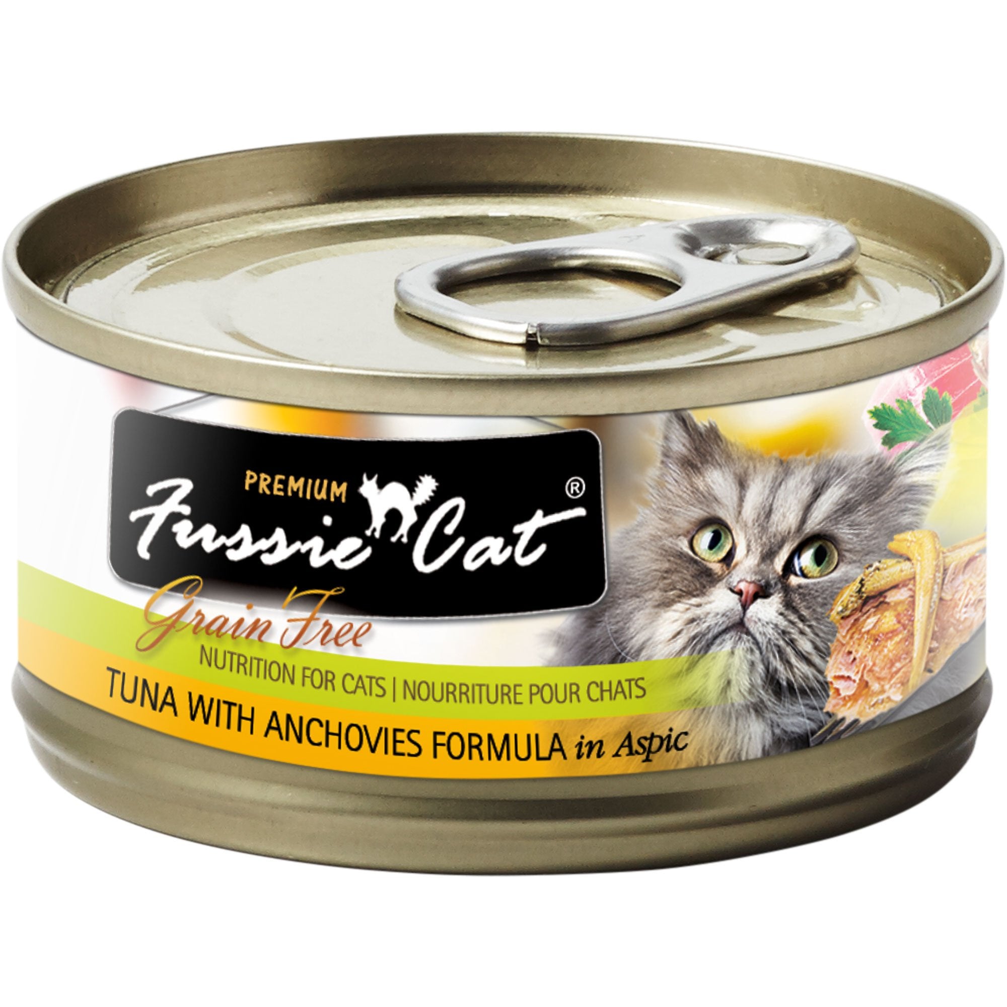 Fussie Cat Premium Tuna with Anchovies in Aspic can, wholesome protein for cats.