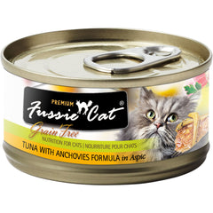 Fussie Cat Premium Tuna with Anchovies in Aspic can, wholesome protein for cats.