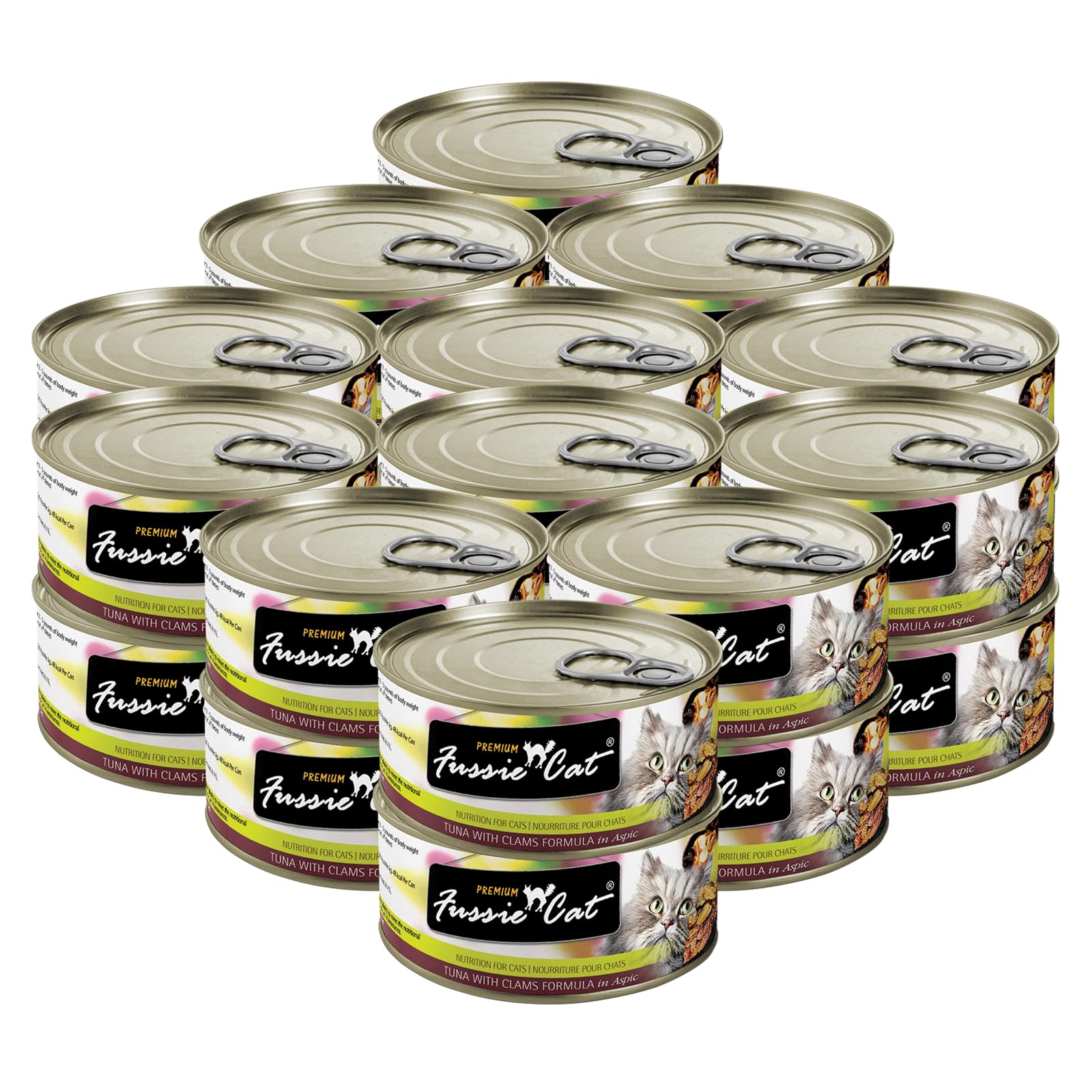 Fussie Cat Premium Tuna & Clams in Aspic can, glossy surface and protein-rich meal.
