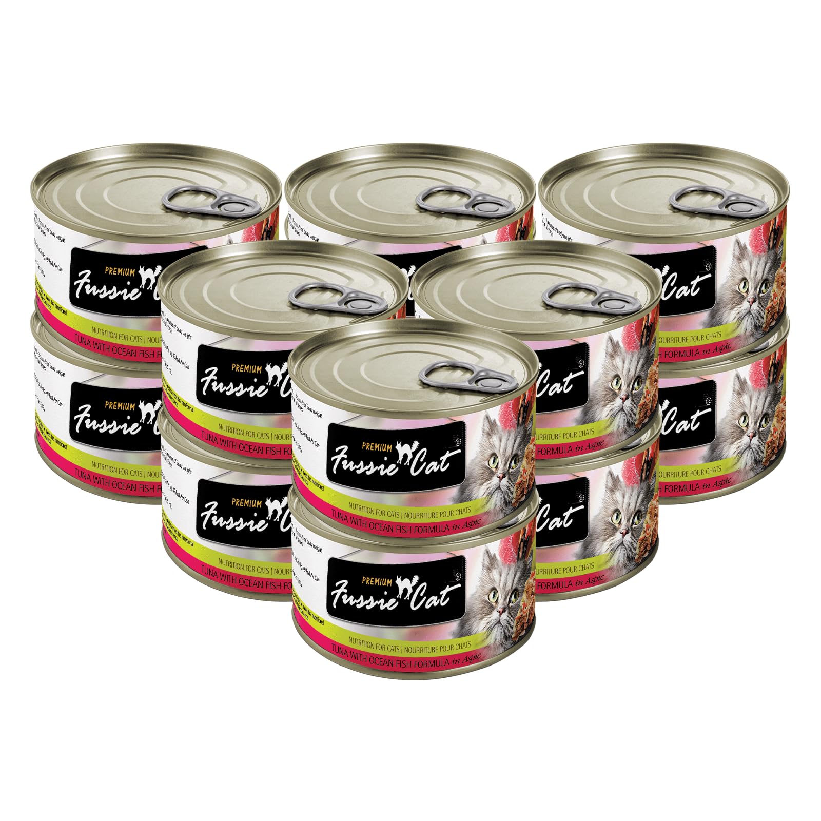 Fussie Cat Premium Tuna can label highlighting high-quality ocean fish ingredients for confidence.