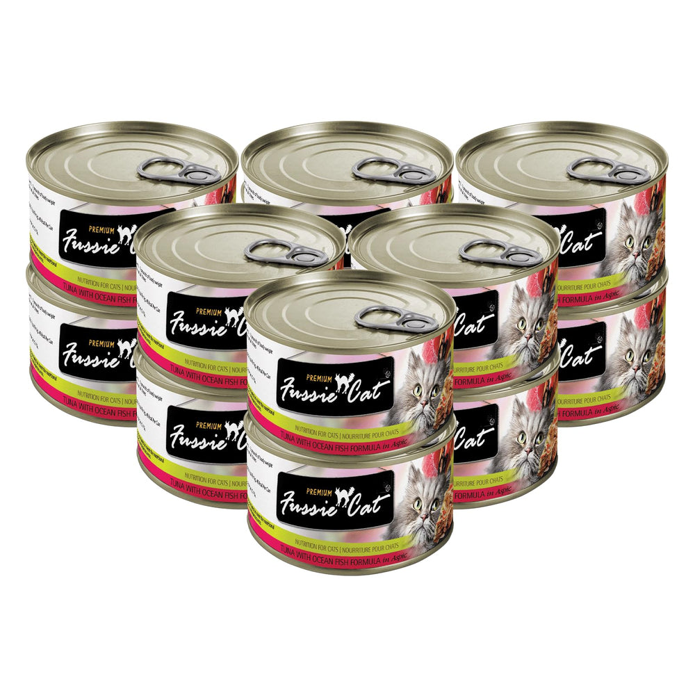 Fussie Cat Premium Tuna can label highlighting high-quality ocean fish ingredients for confidence.