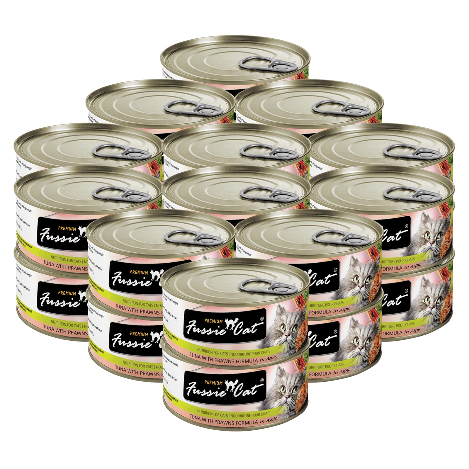 Fussie Cat Premium Tuna Prawns in Aspic can image, protein-rich meal.