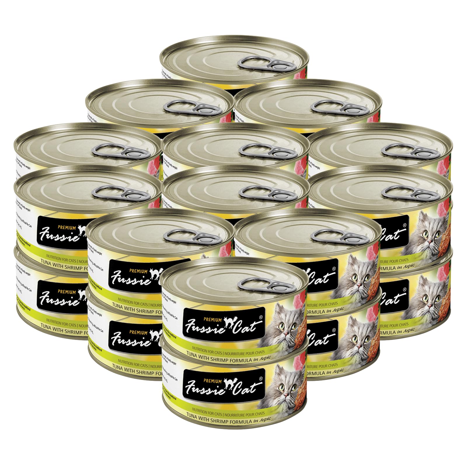 Fussie Cat Premium Tuna with Shrimp in Aspic can, appetizing protein boost for all life stages.