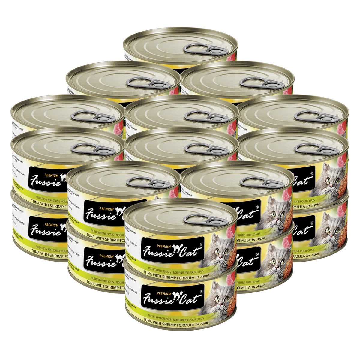 Fussie Cat Premium Tuna with Shrimp in Aspic can, appetizing protein boost for all life stages.