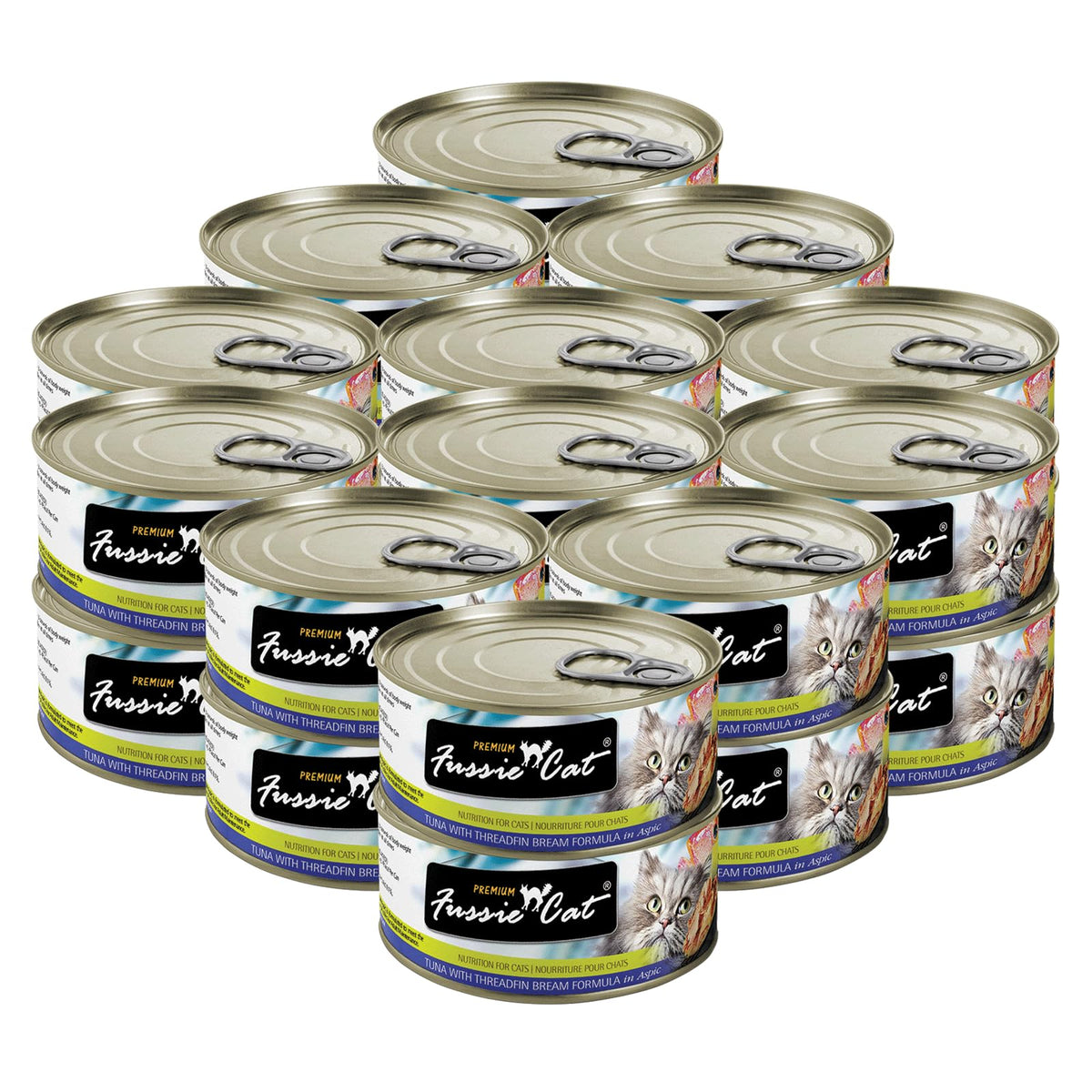 Fussie Cat Premium tuna and threadfin bream in aspic in a bowl, appealing texture for cats.