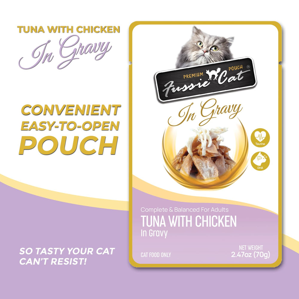 Fussie Cat Premium Tuna with Chicken in Gravy, close-up chunks in rich gravy