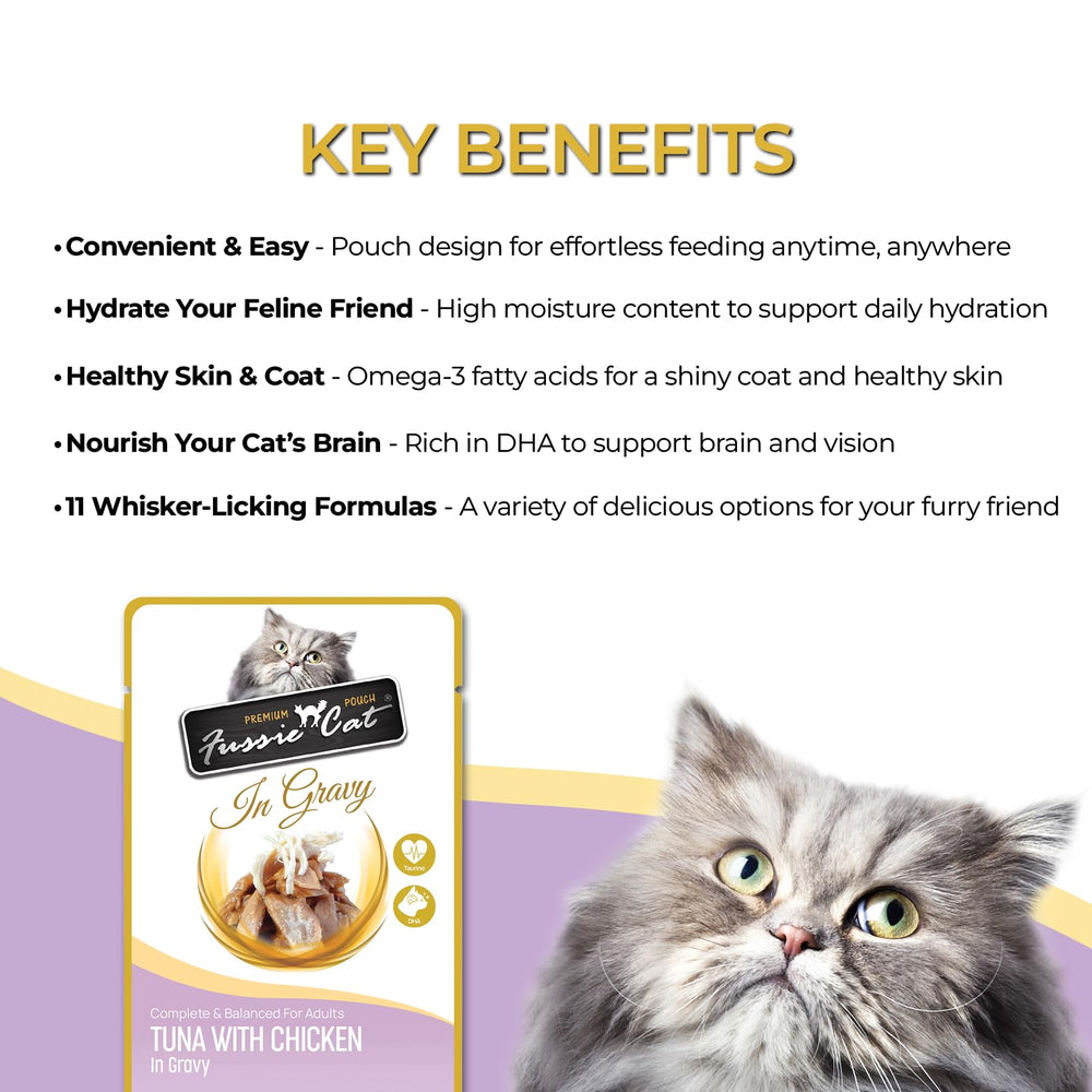 Fussie Cat Premium Tuna with Chicken in Gravy, served in a bowl for easy feeding and hydration