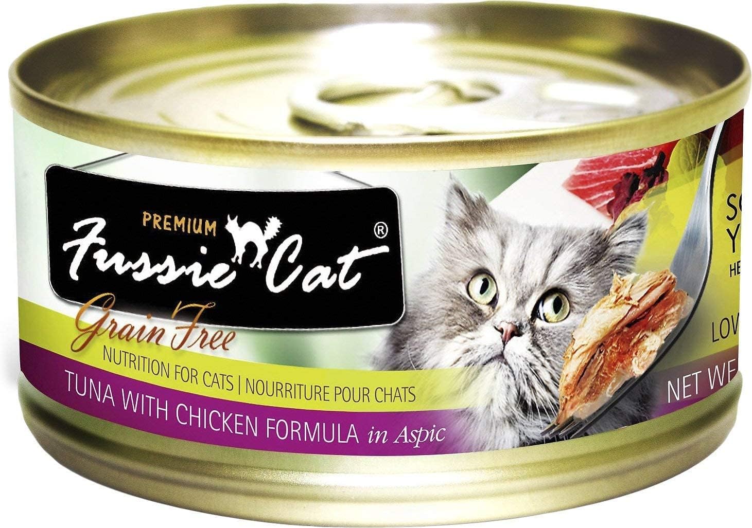 Fussie Cat Premium Tuna & Chicken cans offer boneless protein option