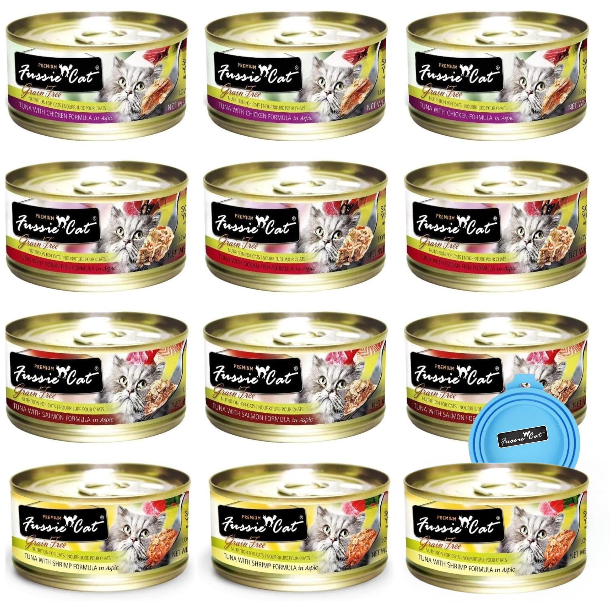 Fussie Cat Premium Tuna & Ocean Fish cans display variety for daily meals