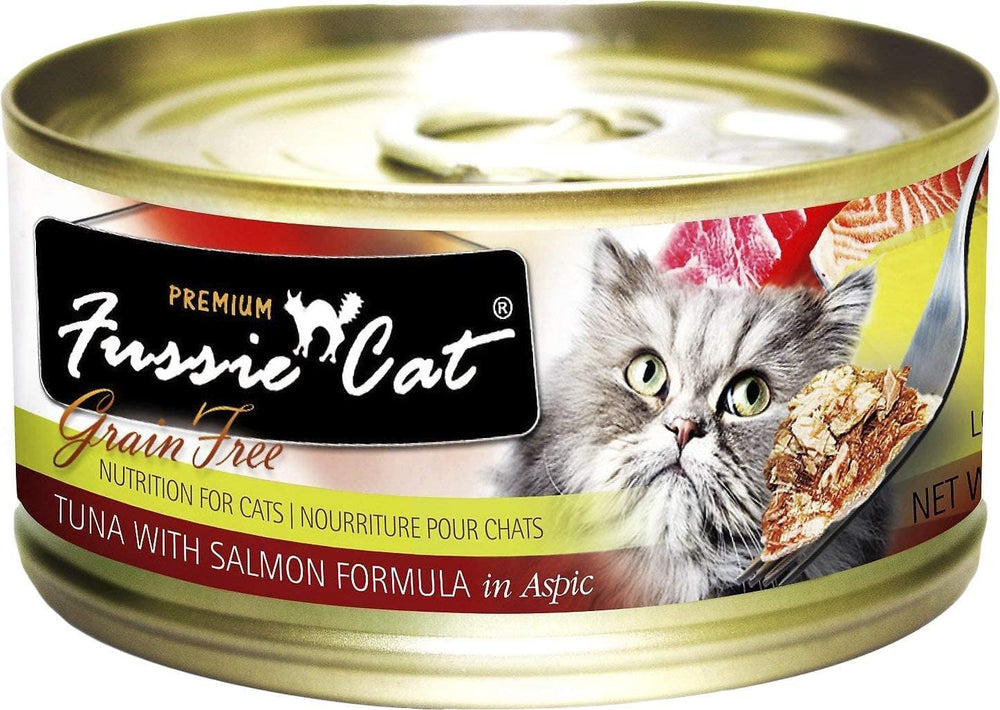 Fussie Cat Premium Tuna & Salmon cans present protein-rich flavors