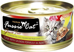 Fussie Cat Premium Tuna & Salmon cans present protein-rich flavors
