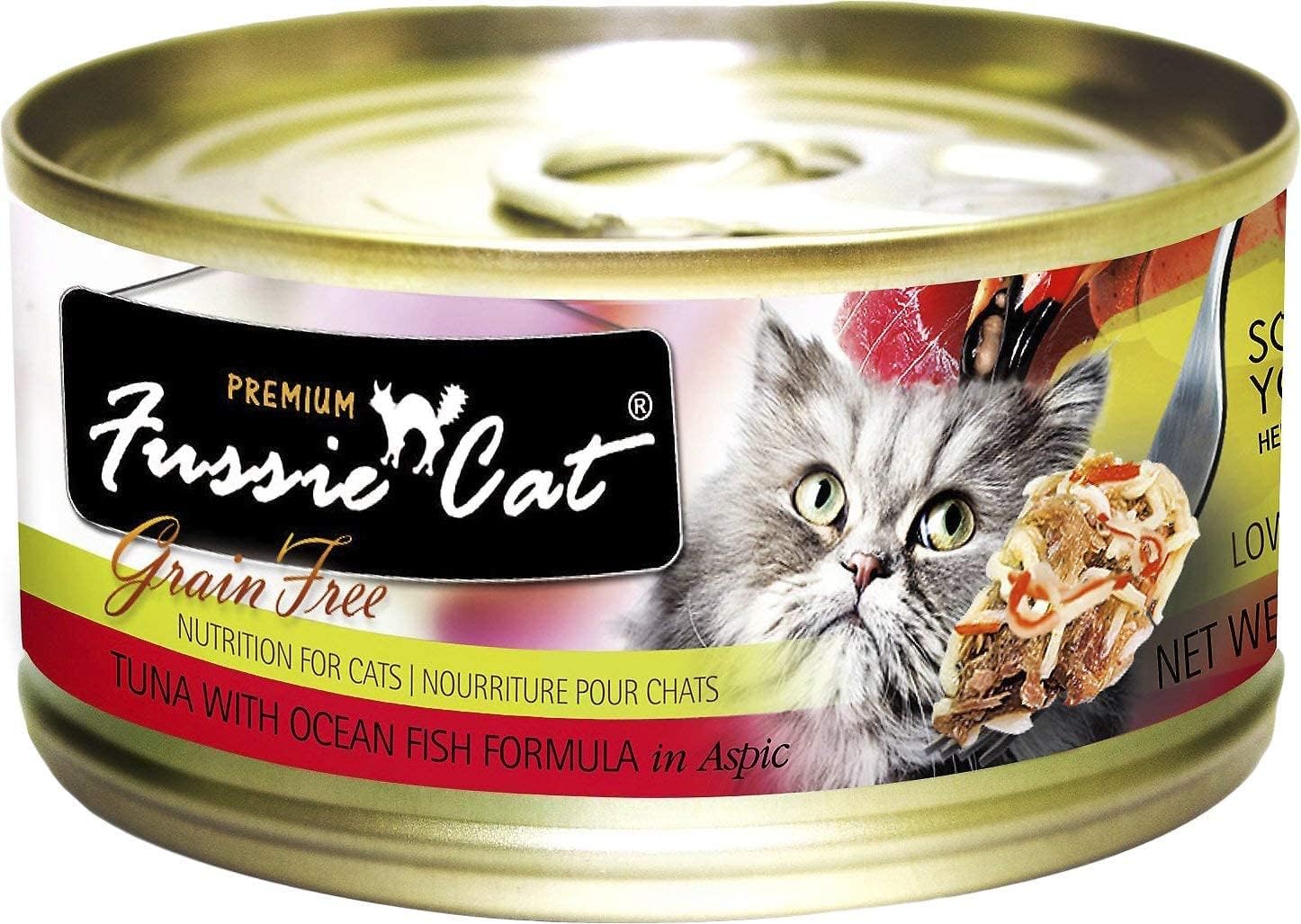 Fussie Cat Premium Tuna & Shrimp cans provide texture for picky eaters