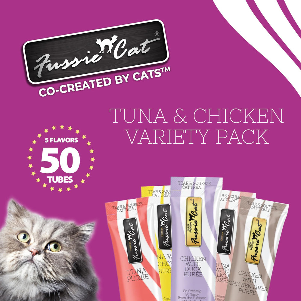 Fussie Cat puree treat tube closeup, creamy texture ideal for enrichment.
