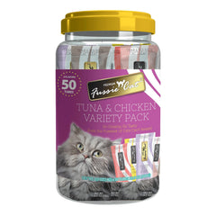 Fussie Cat puree treat tubes 50-count packaging, convenient for on-hand rewards.