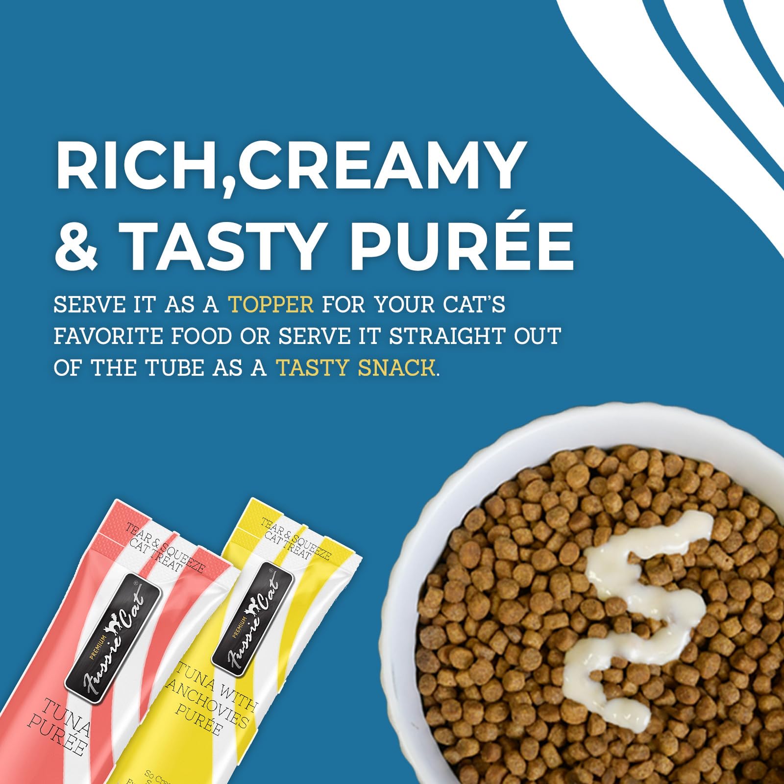 Fussie Cat Purée Treats No-grain formula supports digestion and enrichment.