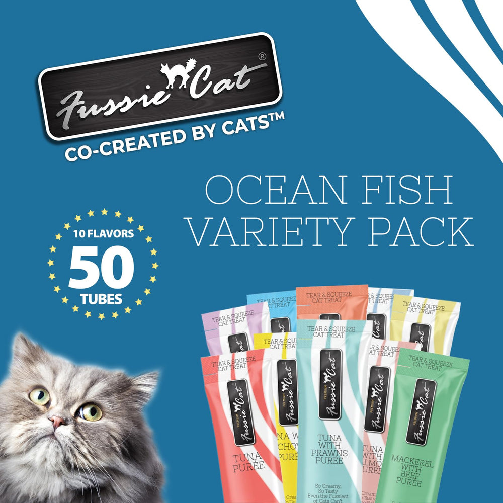 Fussie Cat Purée Treats Ocean Fish variety shows flavorful seafood blends cats enjoy.