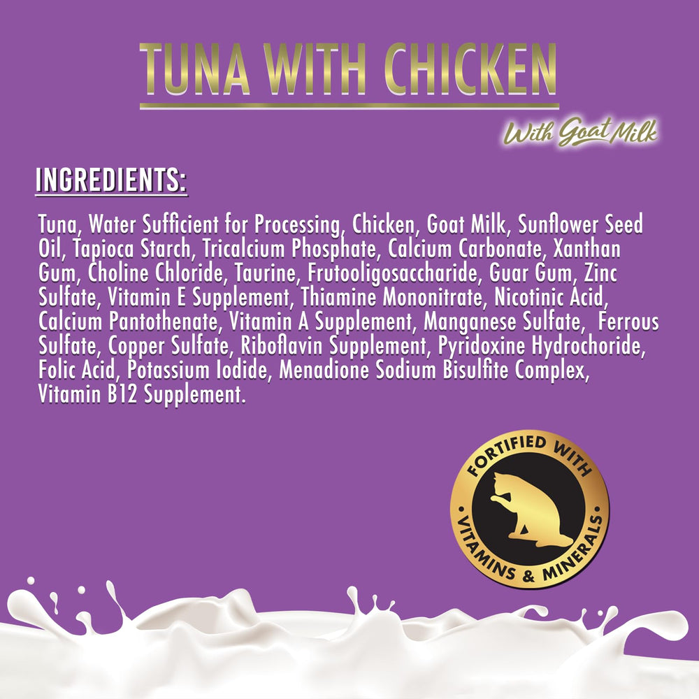 Fussie Cat tuna-chicken flakes in creamy goat milk gravy.