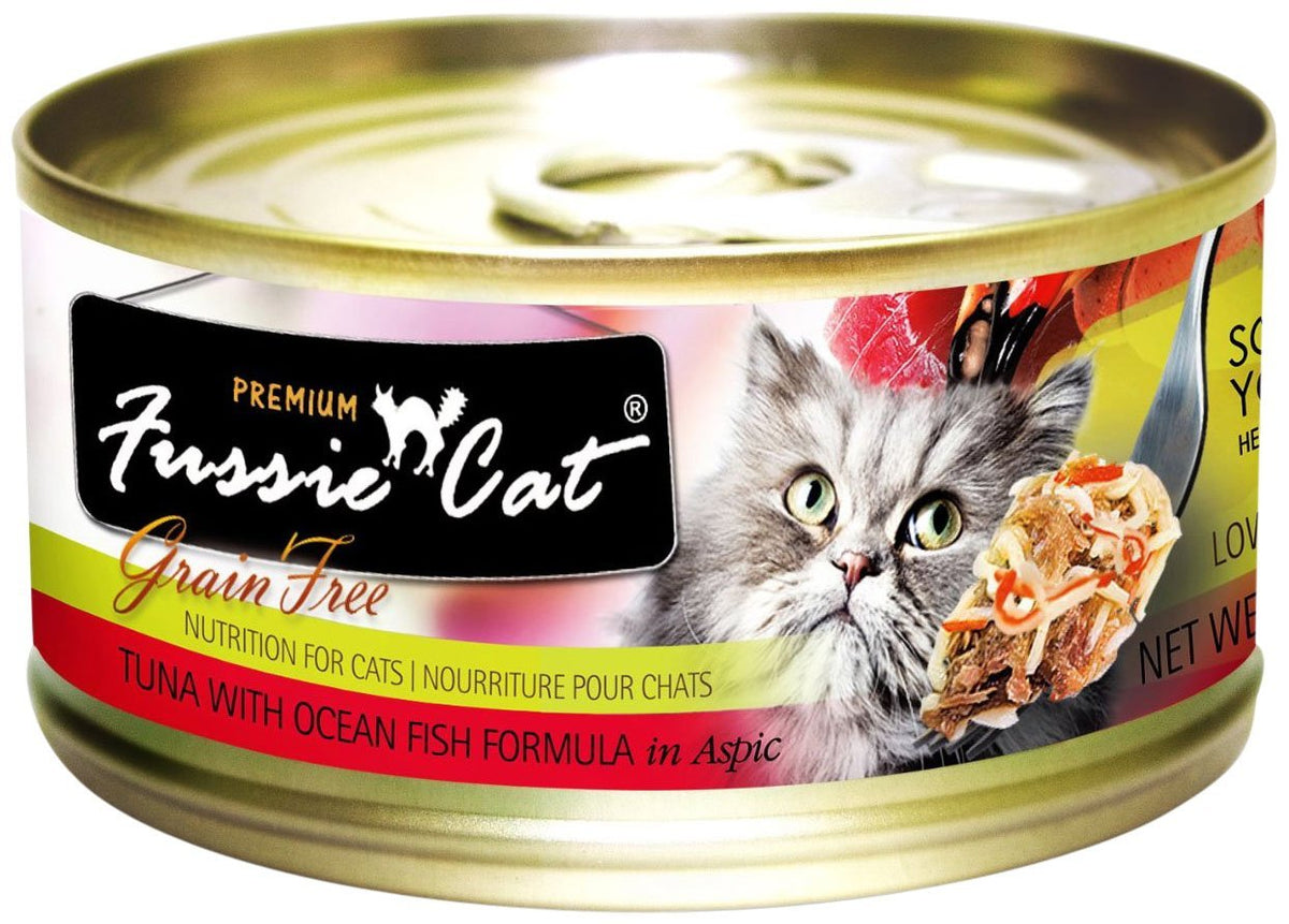 Fussie Cat tuna-ocean-fish-aspic can, grain-free wet food for cats, rich in DHA.